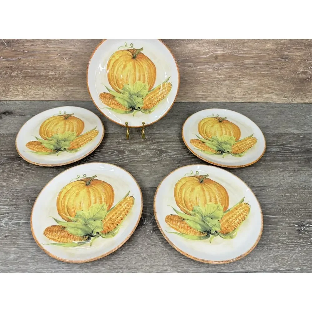 Sur La Table Thanksgiving Pumpkin Corn 9” Luncheon/Salad Plate ~5 Pc ~w/ Crazing